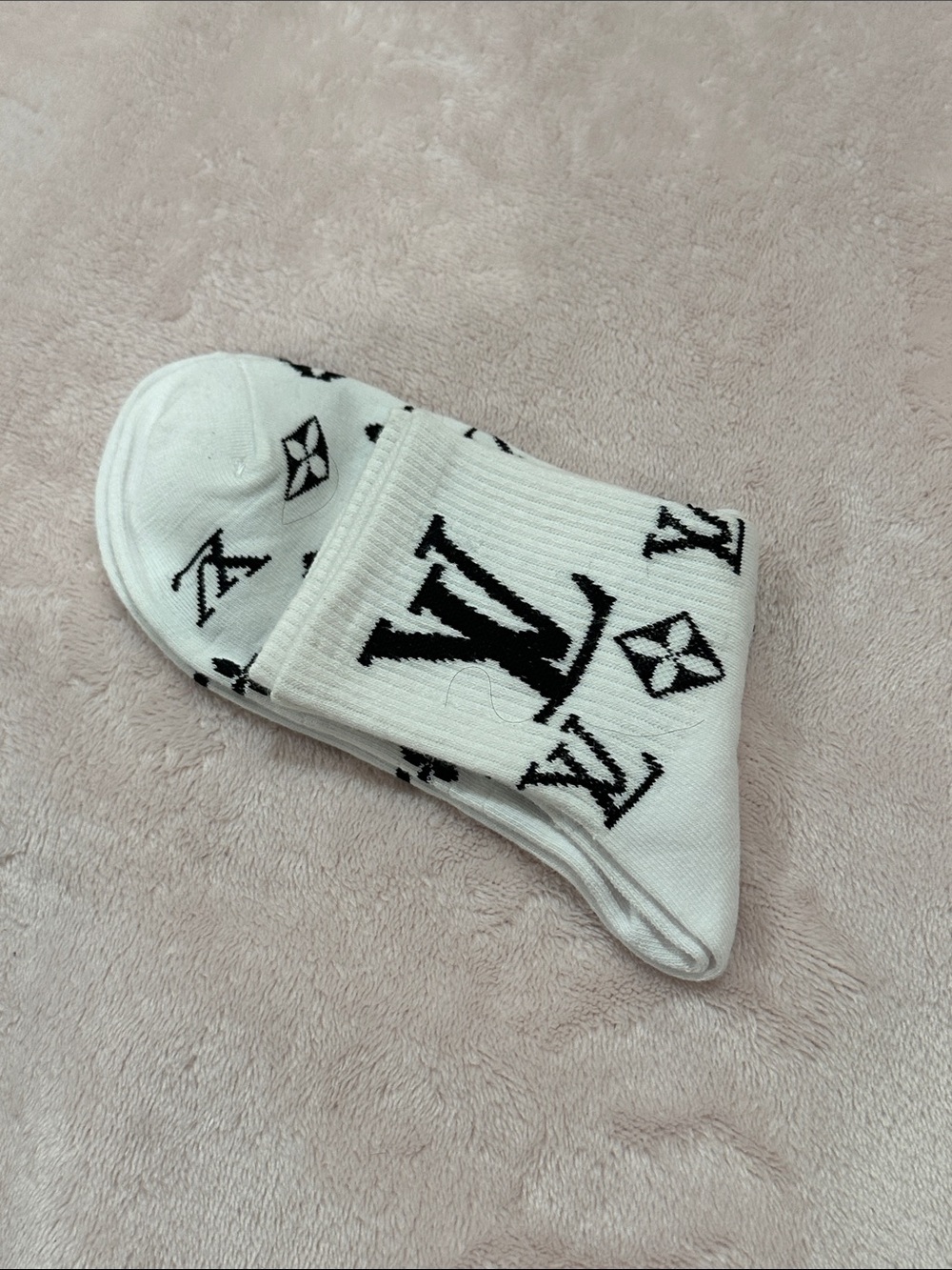 White Crew Socks with Black Logo Pattern